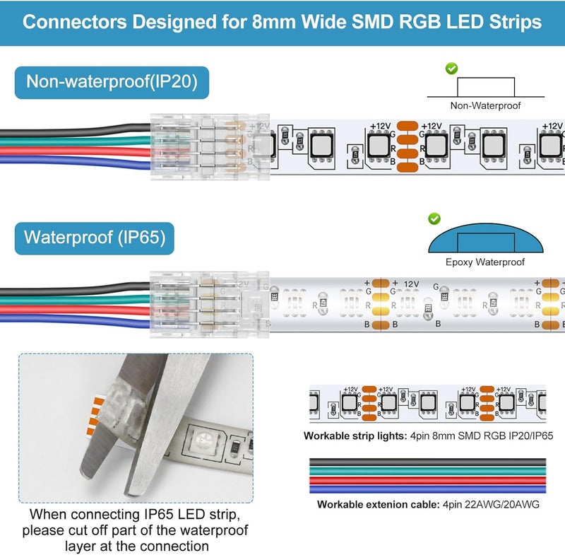 RGBZONE 25Pcs 4 Pin 8mm LED Strip Connectors Gapless Solderless LED Strip to Wire Quick Connection for 8mm Wide 5050/3528 SMD RGB LED Strip Light - Image 4